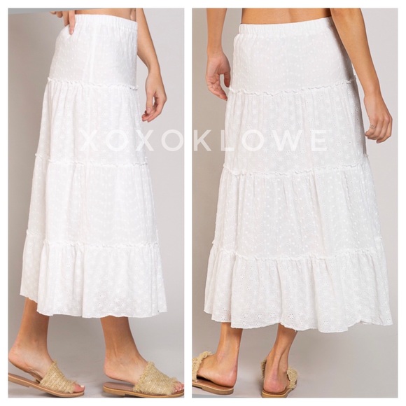 1 LEFT Embroidered Cotton Eyelet Tiered Princess Midi Skirt - Picture 8 of 10